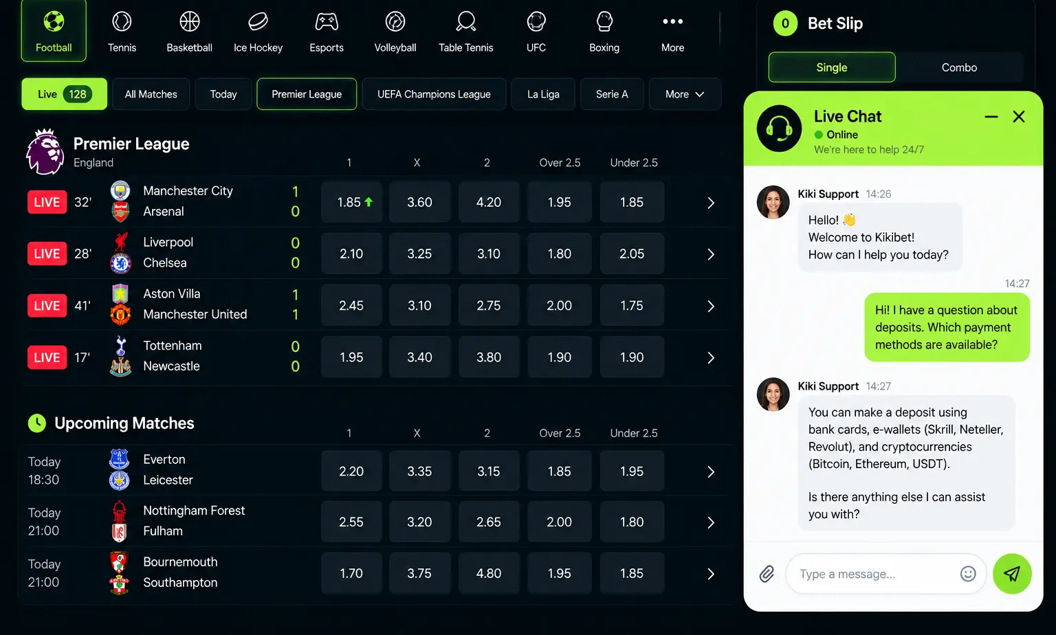 Kikibet live chat customer support interface